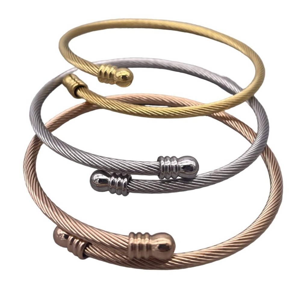 Set of Three Cuff Bangle Bracelet Silver Gold and Rose Gold Tone Stackable
